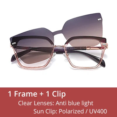 Ralferty Designer Polarized Sunglasses Women 2 In 1 Clips On Glasses Female Spectacles Frame Cat Eye Glasses 0 Diopter Eyewear