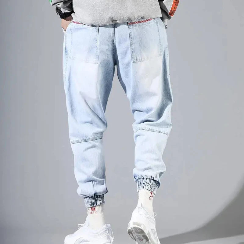 Korean Fashion Ankle Banded Denim Men Jeans Black Gray Cargo Pants for Men Elastic Baggy Harem Pants Streetwear Hip Hop Jeans