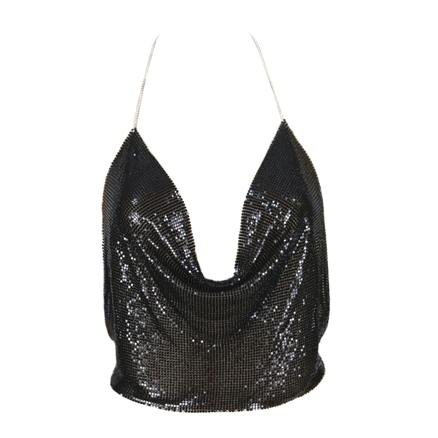 ClubWear Camis for Female Streetwear Y2k Women's Crop Top Sling Metal Sequins Backless Blouse Cushion Belt Adjustable Halter Top