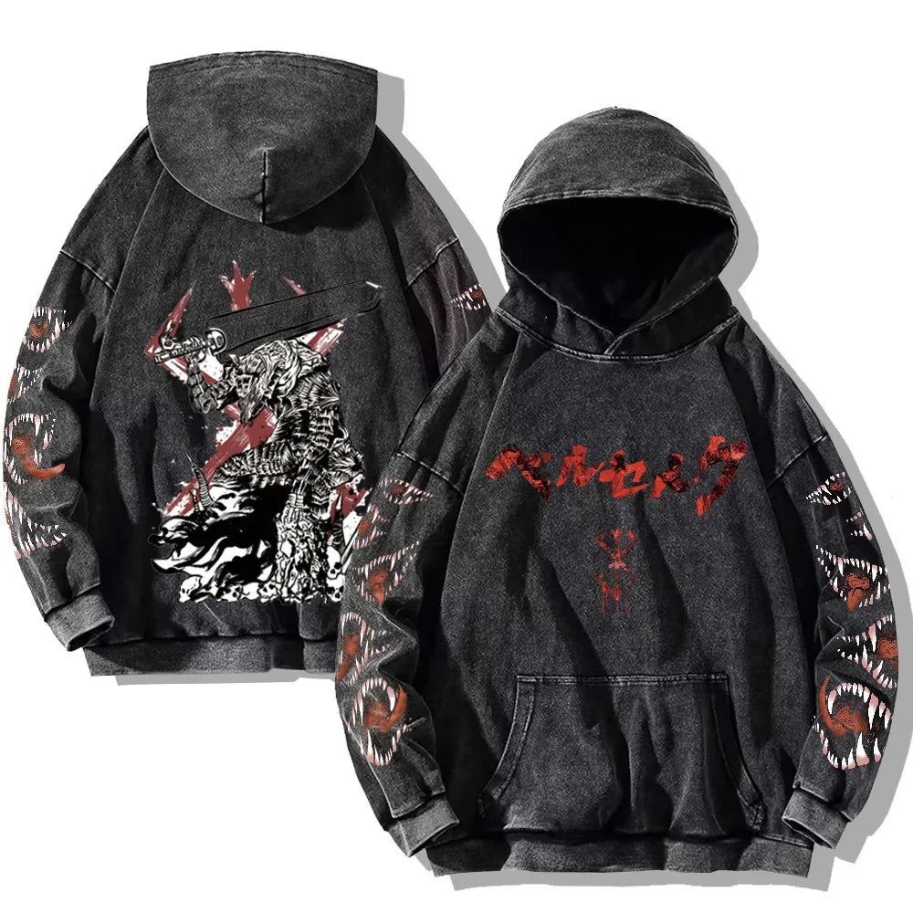 Autumn Men's Hoodies Gothic Print Vintage Washed Hoodie Hip Hop Streetwear Cotton Sweatshirts Harajuku Casual Pullover Y2K Tops