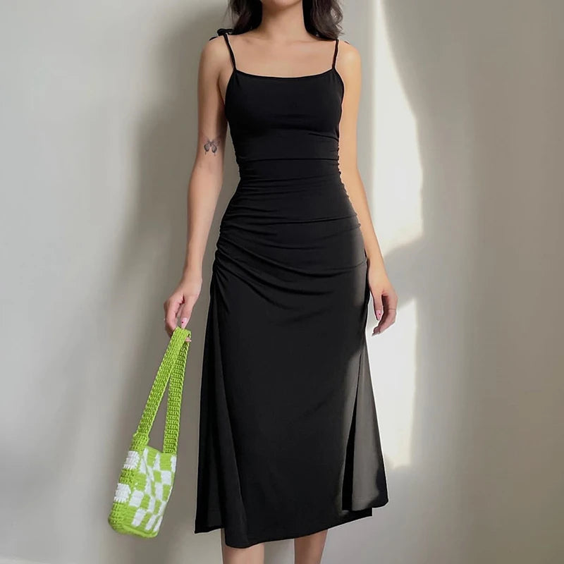 Summer Black Dress Irregular Elegant Backless Party Long Dress Strappy Ruched Sexy Dresses Women Clothes Vintage Vestidos Largos