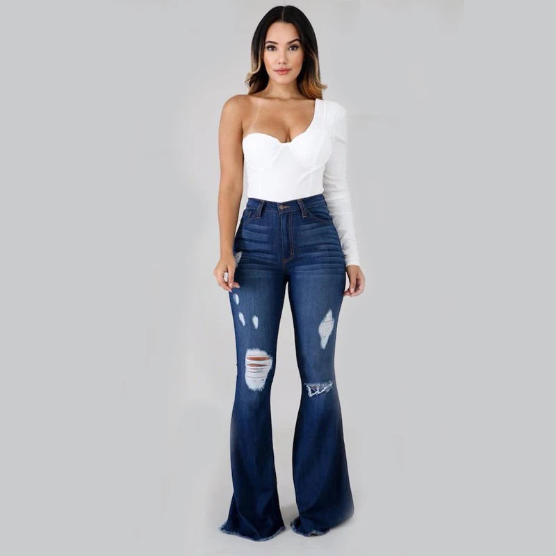 2025 Spring New High Waist Ripped Flared Jeans For Women Fashion Stretch Slim Denim Pants Casual Female Clothing S-3XL Drop Ship