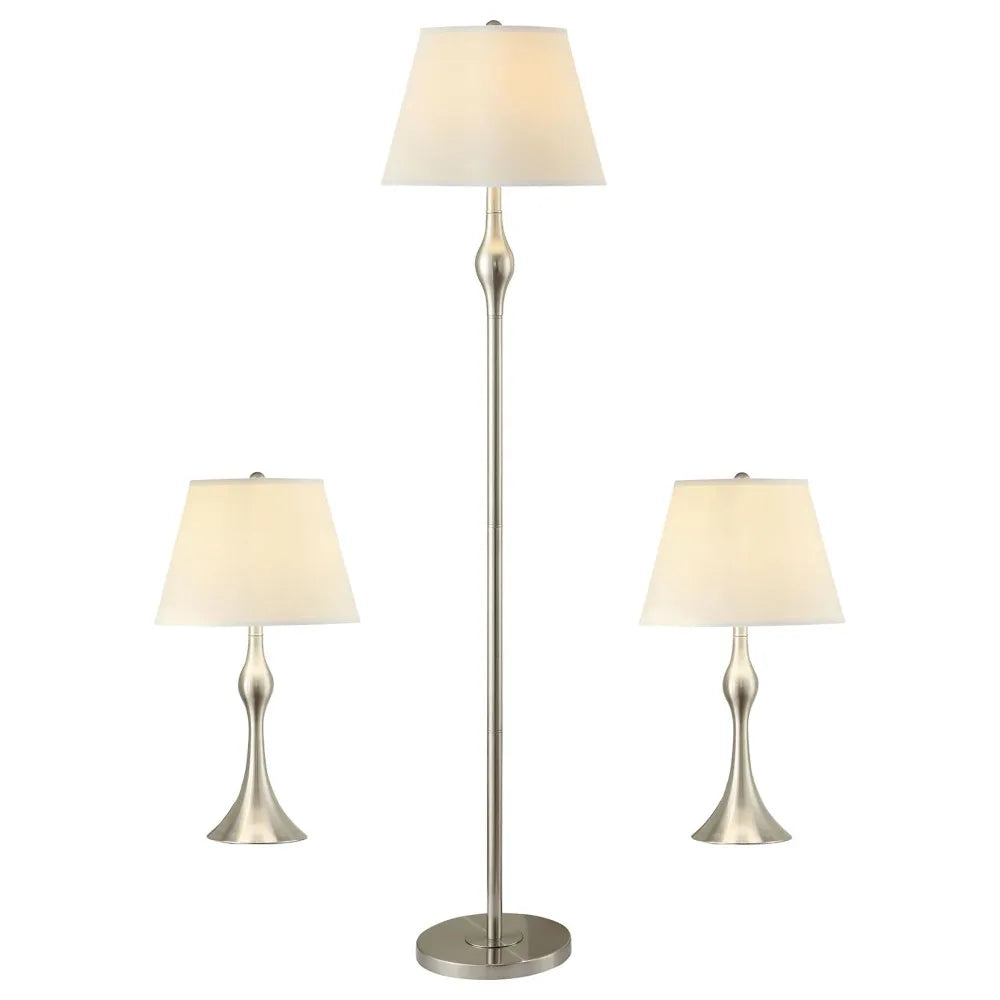 Beige and Brushed Nickel 3-Piece Lamp Set, includes a floor lamp along with two matching table lamps