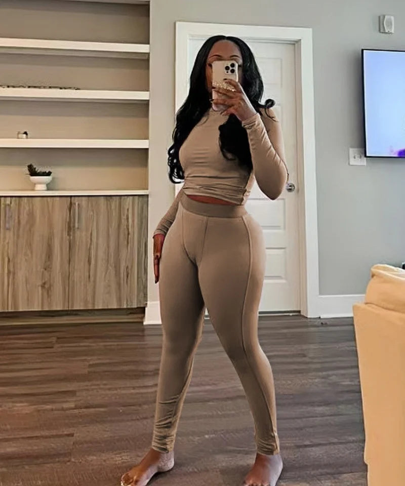 FAGADOER Autumn Winter New Ribbing 2 Piece Sets Women Outfit Solid Long Sleeve Crop Top + High Waist Leggings Suits Sportswear