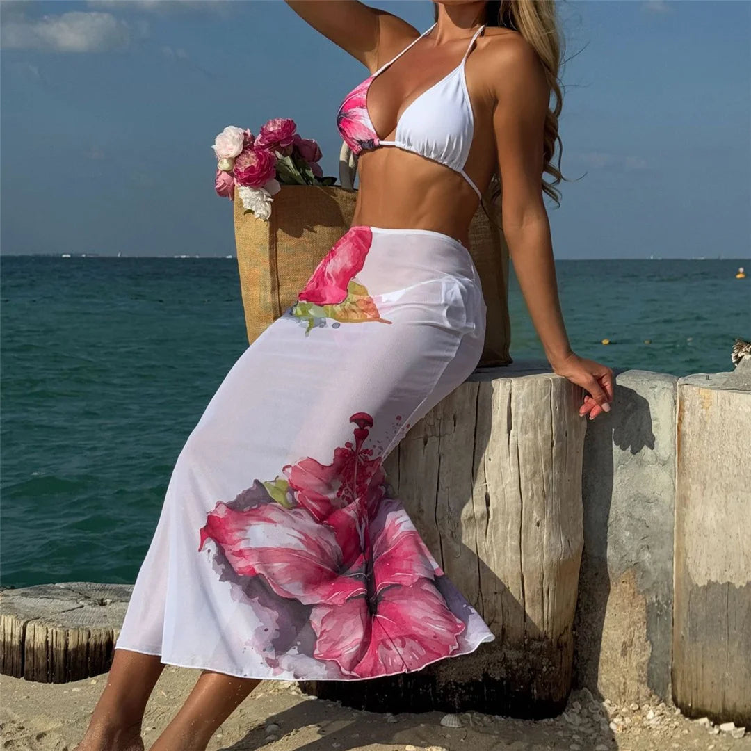 Flowers Printed With Skirt Halter Bikini Women Swimwear Female Swimsuit Three-pieces Bikini set Bather Bathing Suit Swim V6637