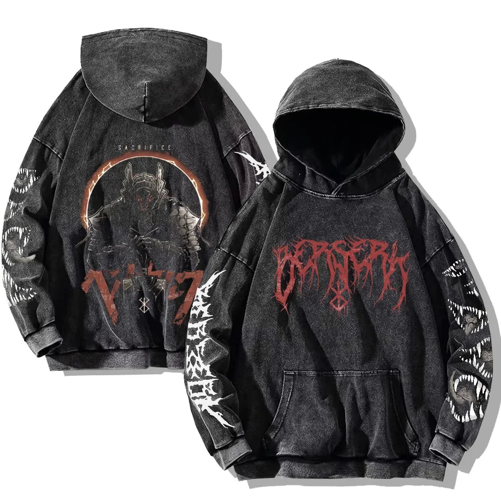 Autumn Men's Hoodies Gothic Print Vintage Washed Hoodie Hip Hop Streetwear Cotton Sweatshirts Harajuku Casual Pullover Y2K Tops