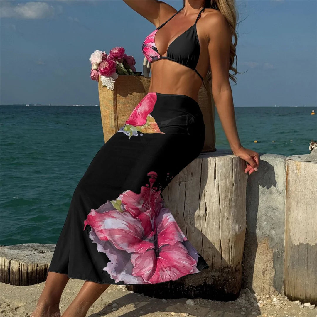 Flowers Printed With Skirt Halter Bikini Women Swimwear Female Swimsuit Three-pieces Bikini set Bather Bathing Suit Swim V6637