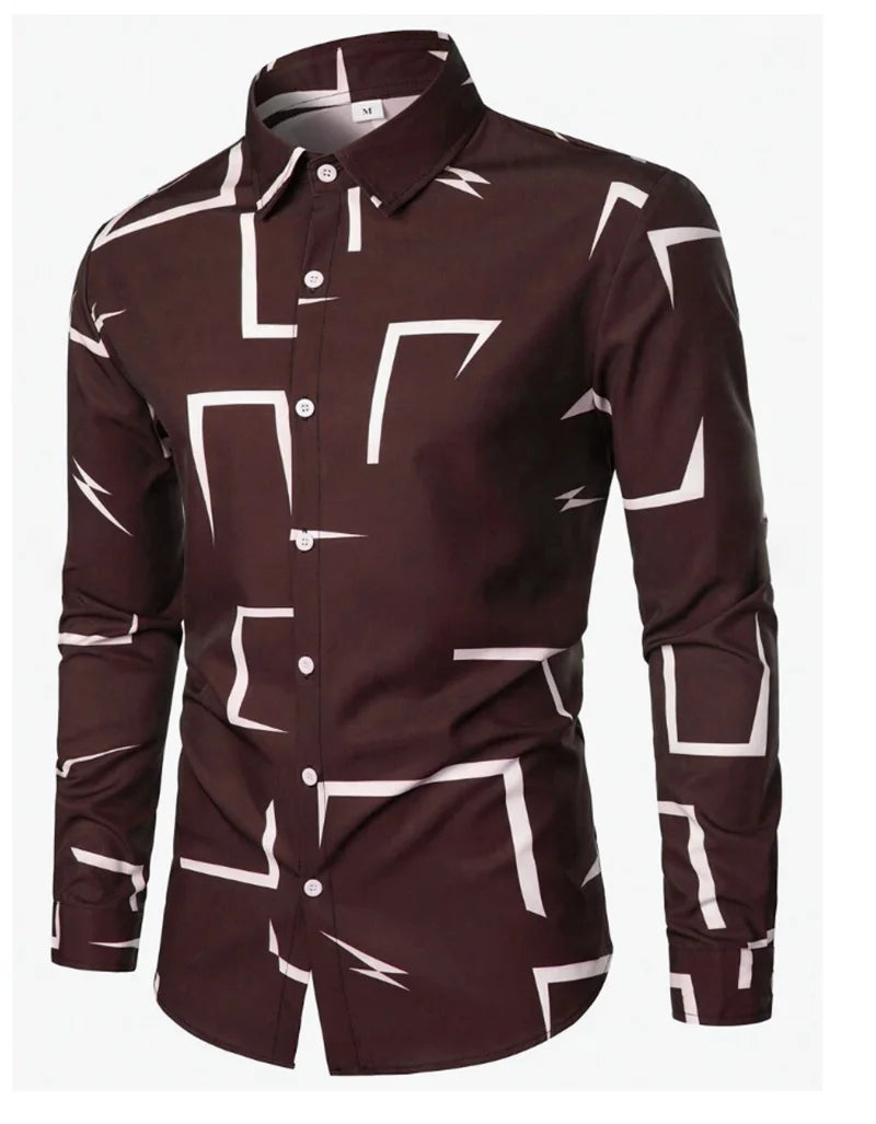 Men's casual versatile fashion street men's shirt lapel single-breasted long-sleeved men's simple geometric long-sleeved shirt
