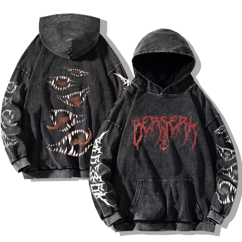 Autumn Men's Hoodies Gothic Print Vintage Washed Hoodie Hip Hop Streetwear Cotton Sweatshirts Harajuku Casual Pullover Y2K Tops