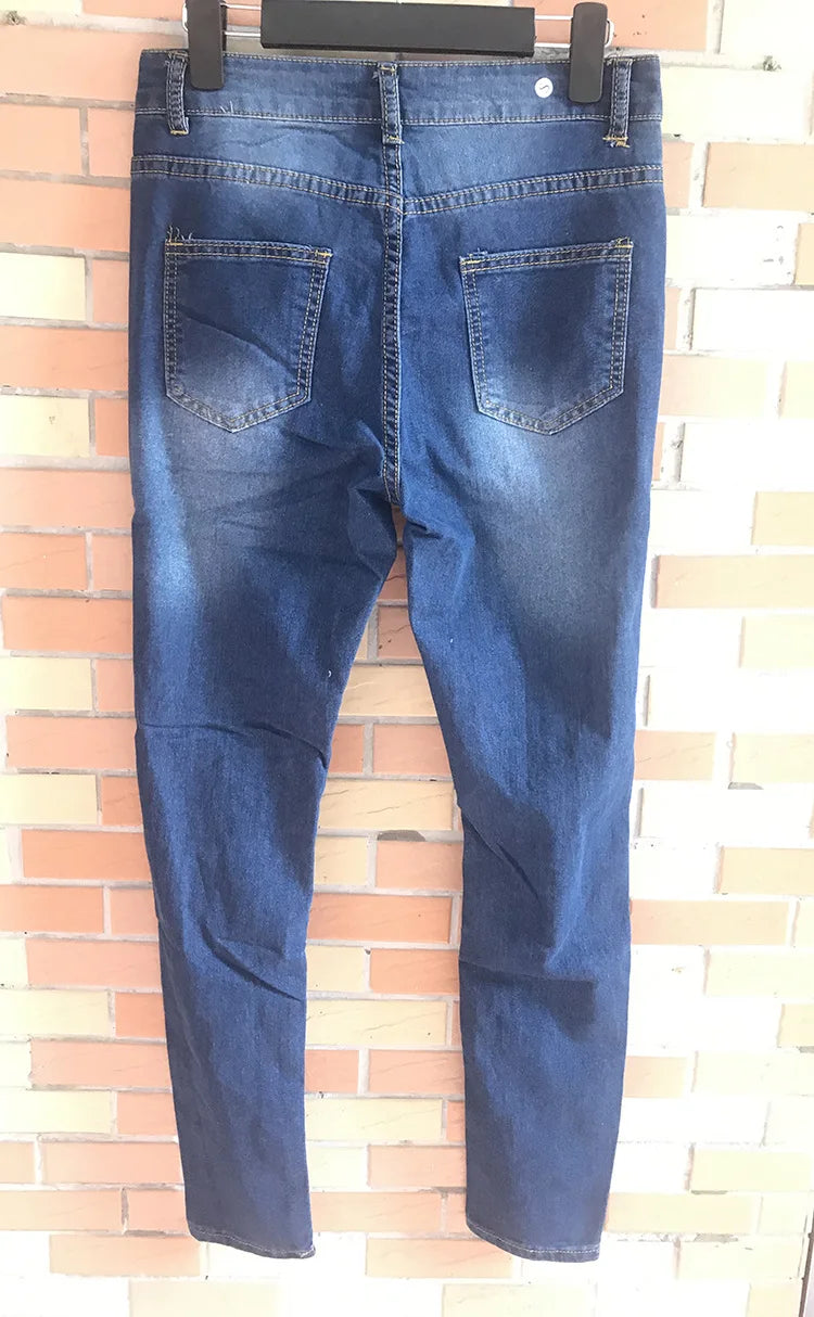 Europe and America Fashion Stretch Washed Ripped Jeans, Women's Spring and Autumn New Slim-fit High-waisted Small Feet Pants
