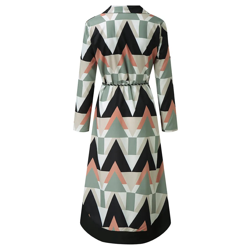 Women'S New Fashion Long Sleeve Printed Shirt Skirt Women'S Long Dress Temperament Commuter Round Neck Women'S A-Line Skirt