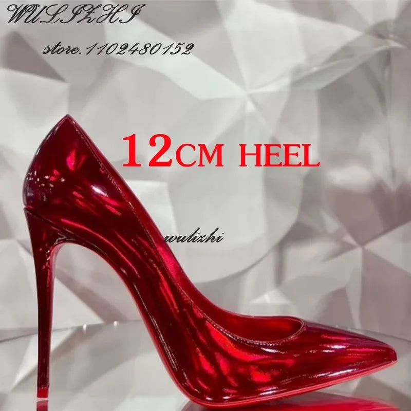 Red Shiny Mirror Sexy Heels Girl Dress Hollow Pointed Toe Sandal Spring Bling Catwalk Metallic Glitter Pump Concise Shallow Shoe