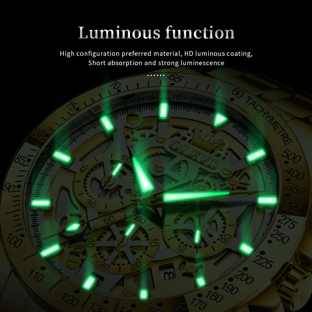 OLEVS Business Gold Men Watches Full Skeleton Stainless steel Chronograph Wristwatch Waterproof Luxury Luminous Quartz Watch Men
