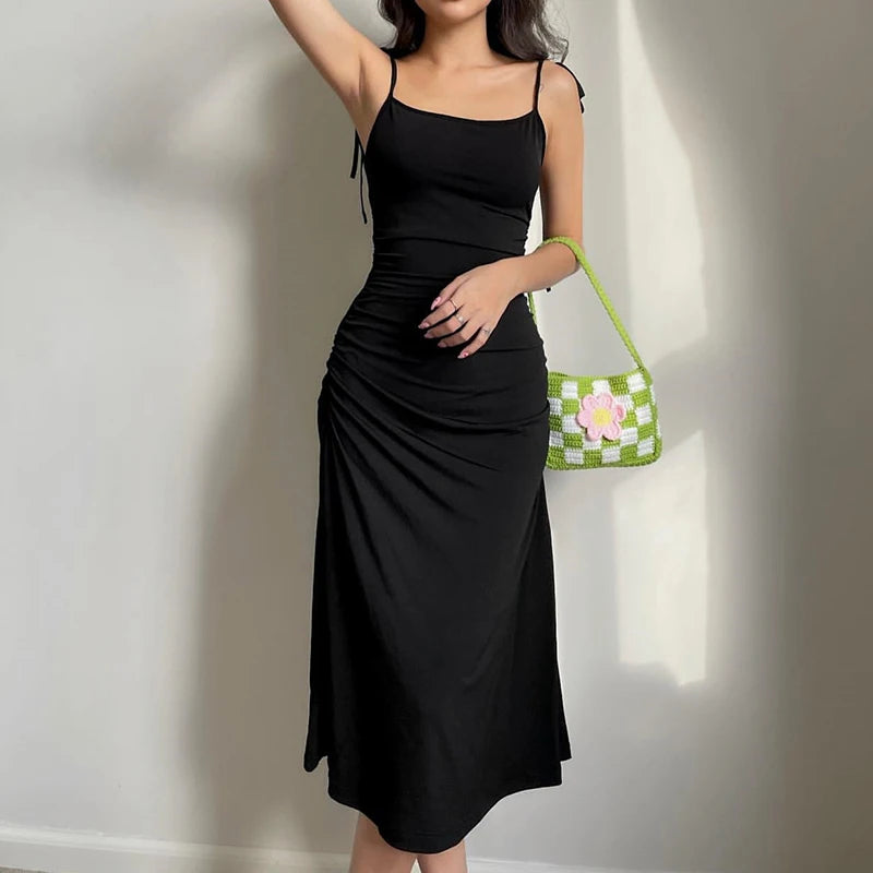 Summer Black Dress Irregular Elegant Backless Party Long Dress Strappy Ruched Sexy Dresses Women Clothes Vintage Vestidos Largos