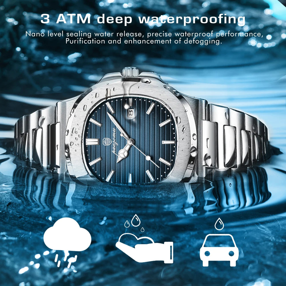 PAAZOMU Luxury Watch 2025 New Business Waterproof Male Clock Luminous Date Stainless Steel Square Quartz Men Watch reloj hombre