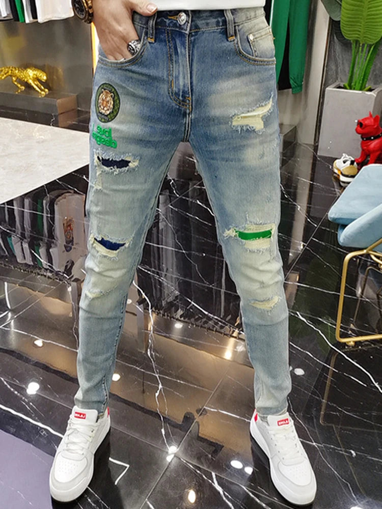 Fashion Korean Style Gray Skinny Jeans Tiger Printing Luxury Men's Streetwear Slim Jeans Autumn Casual Wear Motorcycle Men Jeans