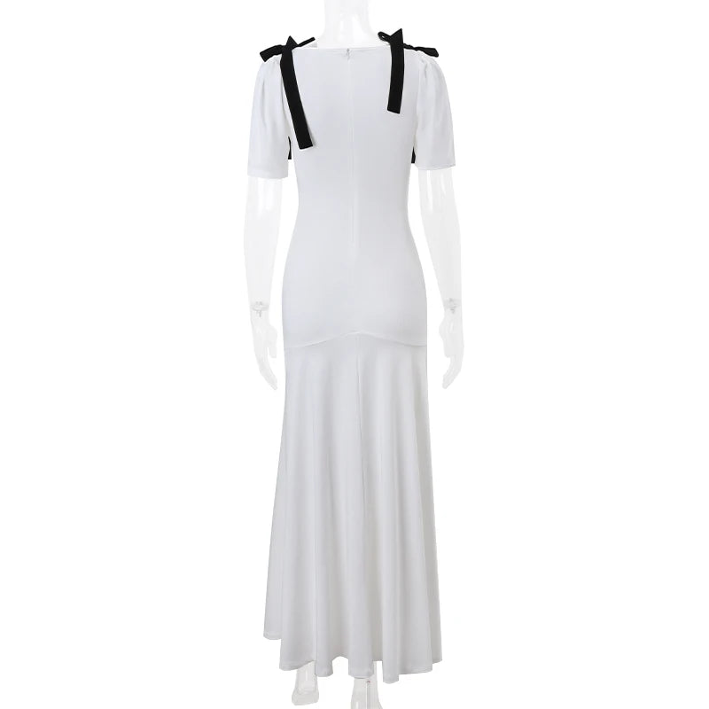 WhereMery Elegant Temperament Bow Summer Casual Maxi Dresses V-Neck Y2K Women's Long Dress Evening Party Office Holiday Vestidos