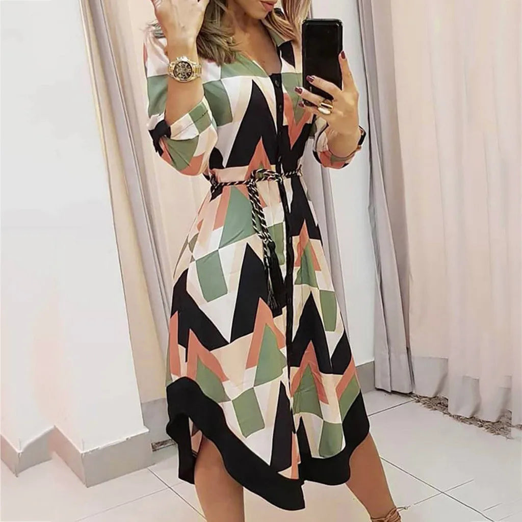 Women'S New Fashion Long Sleeve Printed Shirt Skirt Women'S Long Dress Temperament Commuter Round Neck Women'S A-Line Skirt