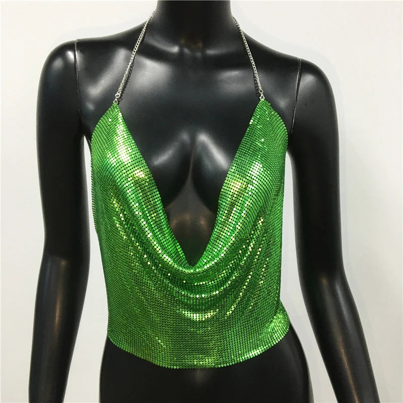 Sexy Metal Sequins Tank Top For Women 2025 Summer V Neck Backless Crop Tops Luxury Solid Short Party Nightclub Tank Tops