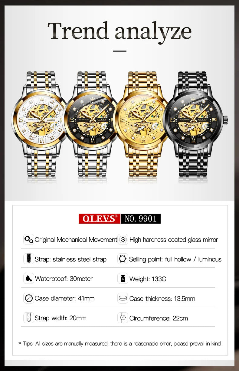 OLEVS Skeleton Watch Men Waterproof Luminous Casual Automatic Mechanical Watche Sports Men Black Steel Wristwatch Reloj Hombre