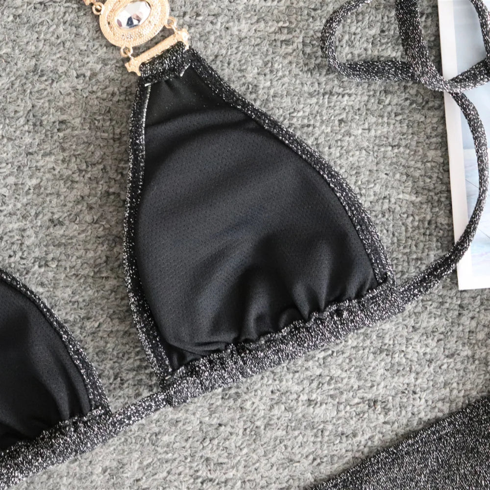 2025 Sexy Bikinis Swimsuit With Rhinestones Solid Color Swimwear Female Push Up Bikini Beach Swimming Bathing Suit Women Bather