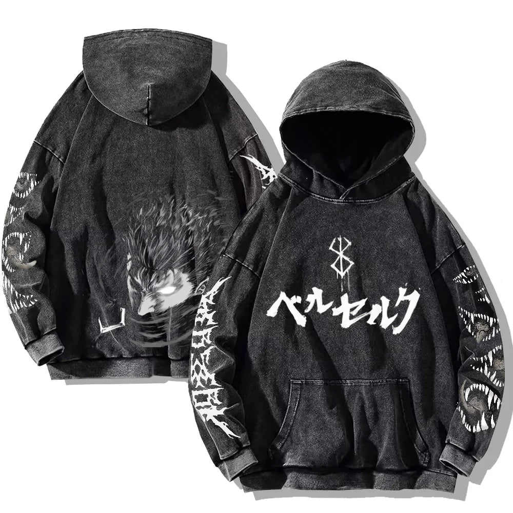 Autumn Men's Hoodies Gothic Print Vintage Washed Hoodie Hip Hop Streetwear Cotton Sweatshirts Harajuku Casual Pullover Y2K Tops