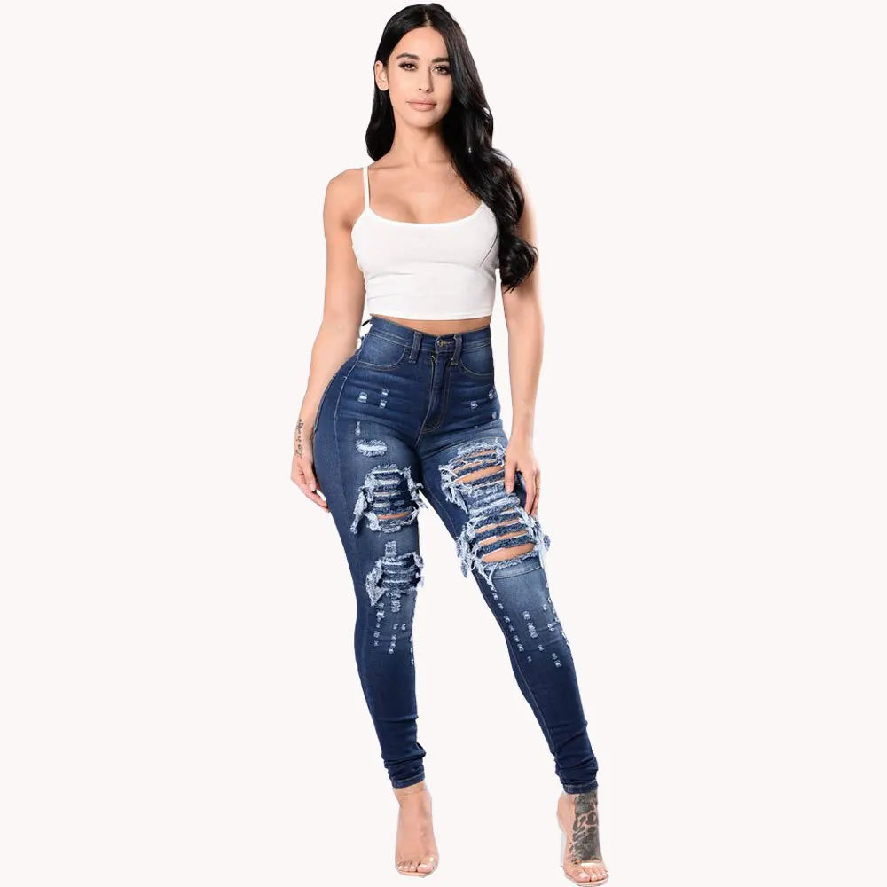 Europe and America Fashion Stretch Washed Ripped Jeans, Women's Spring and Autumn New Slim-fit High-waisted Small Feet Pants