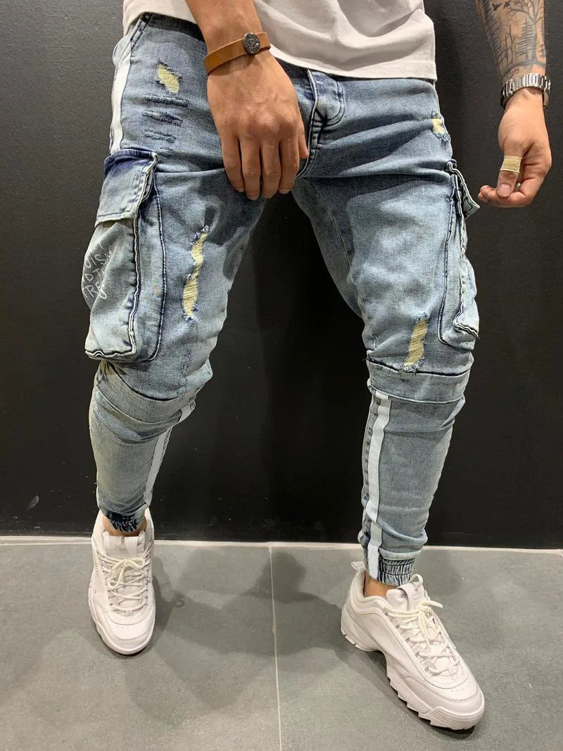 Men Jeans Denim Ankle Length Pencil Pants Mid Waist Holes Sheath Pockets Slim High Street Patchwork Slight Strech Washing