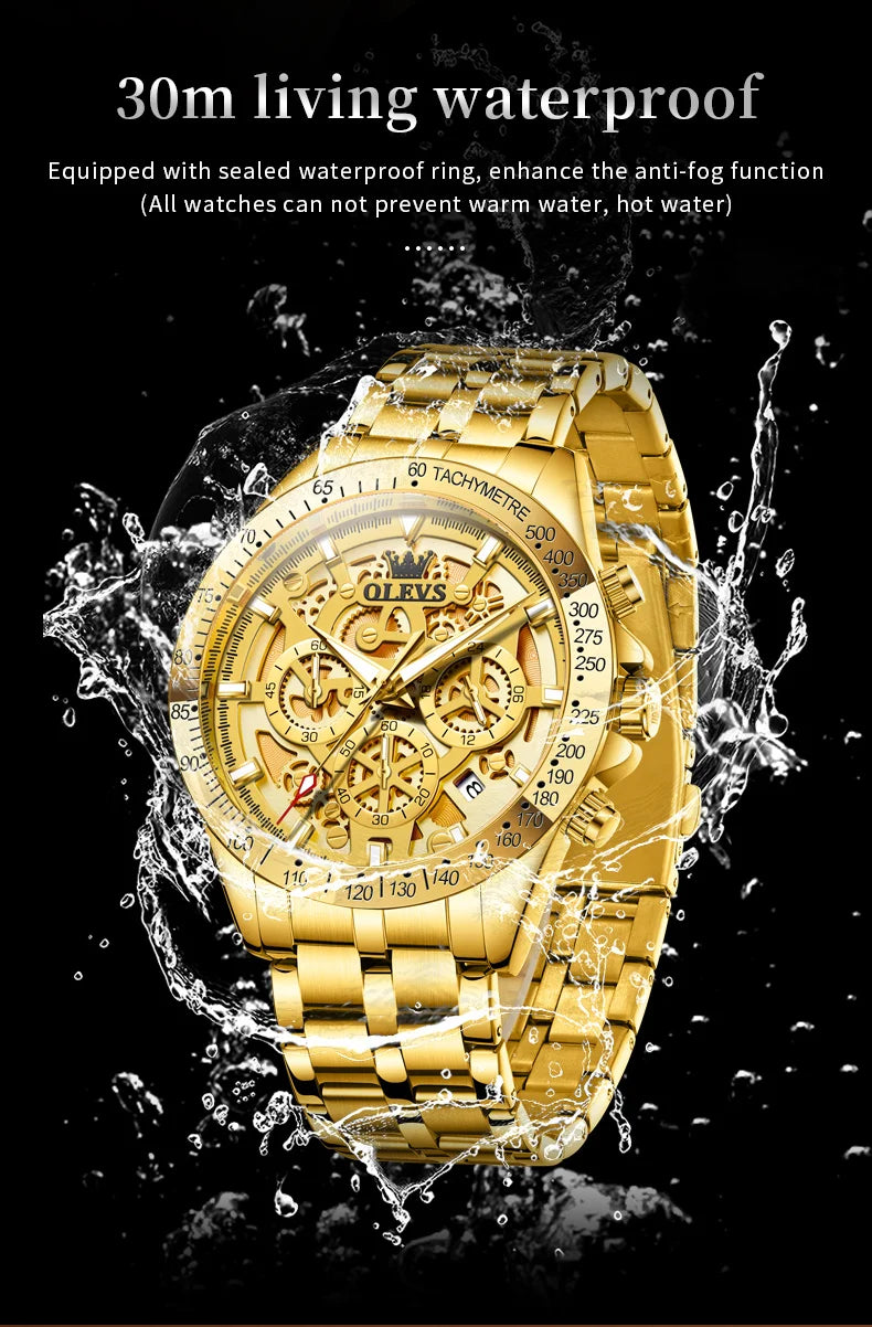 OLEVS Business Gold Men Watches Full Skeleton Stainless steel Chronograph Wristwatch Waterproof Luxury Luminous Quartz Watch Men