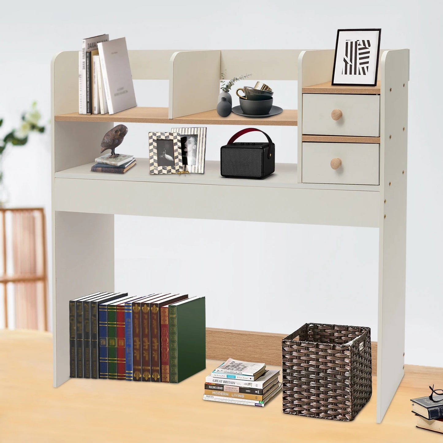 2-Tier MDF Office Dormitory Desktop Shelf Storage Computer Desk Tiered Cabinet Home Storage Holders Layered Shelf Display Rack