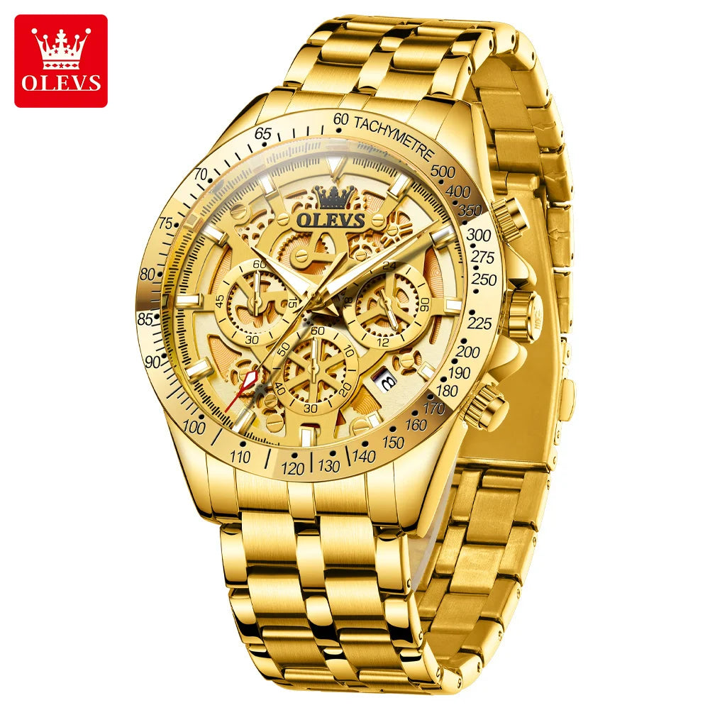 OLEVS Business Gold Men Watches Full Skeleton Stainless steel Chronograph Wristwatch Waterproof Luxury Luminous Quartz Watch Men