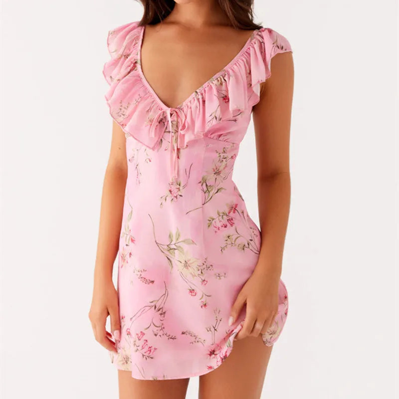 hirigin Women Mini Dress Sleeveless V Neck Backless Tie-up Floral/Dots Summer A-line Dress for Club Party Holiday Beach Sundress