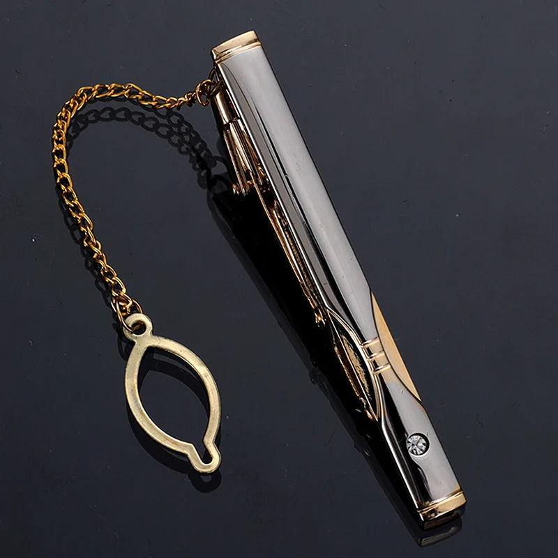 New Metal Gold Color Tie Clip With Chain For Men Wedding Necktie Tie Clasp Clip Gentleman Ties Bar Tie Pin For Men's Accessories