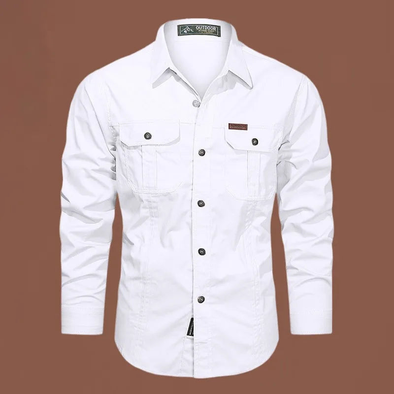 New Autumn Fashion Coton Shirts for Men Long Sleeve Multi-Pocket Cargo Shirt Solid Color Casual Outdoor Colthing Men's Shirt