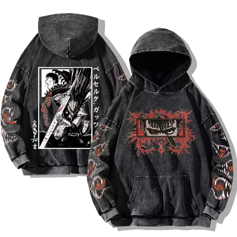 Autumn Men's Hoodies Gothic Print Vintage Washed Hoodie Hip Hop Streetwear Cotton Sweatshirts Harajuku Casual Pullover Y2K Tops