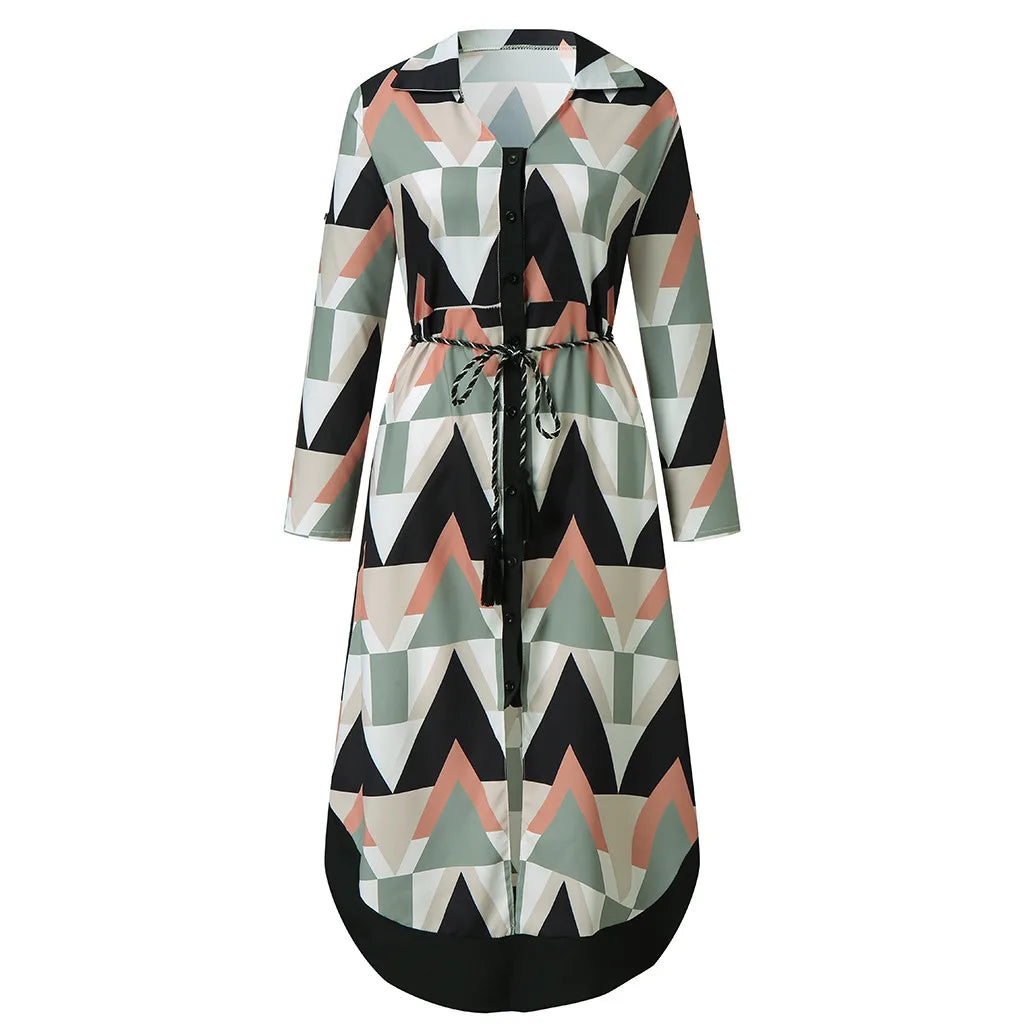 Women'S New Fashion Long Sleeve Printed Shirt Skirt Women'S Long Dress Temperament Commuter Round Neck Women'S A-Line Skirt