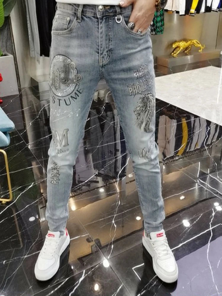 Fashion Korean Style Gray Skinny Jeans Tiger Printing Luxury Men's Streetwear Slim Jeans Autumn Casual Wear Motorcycle Men Jeans