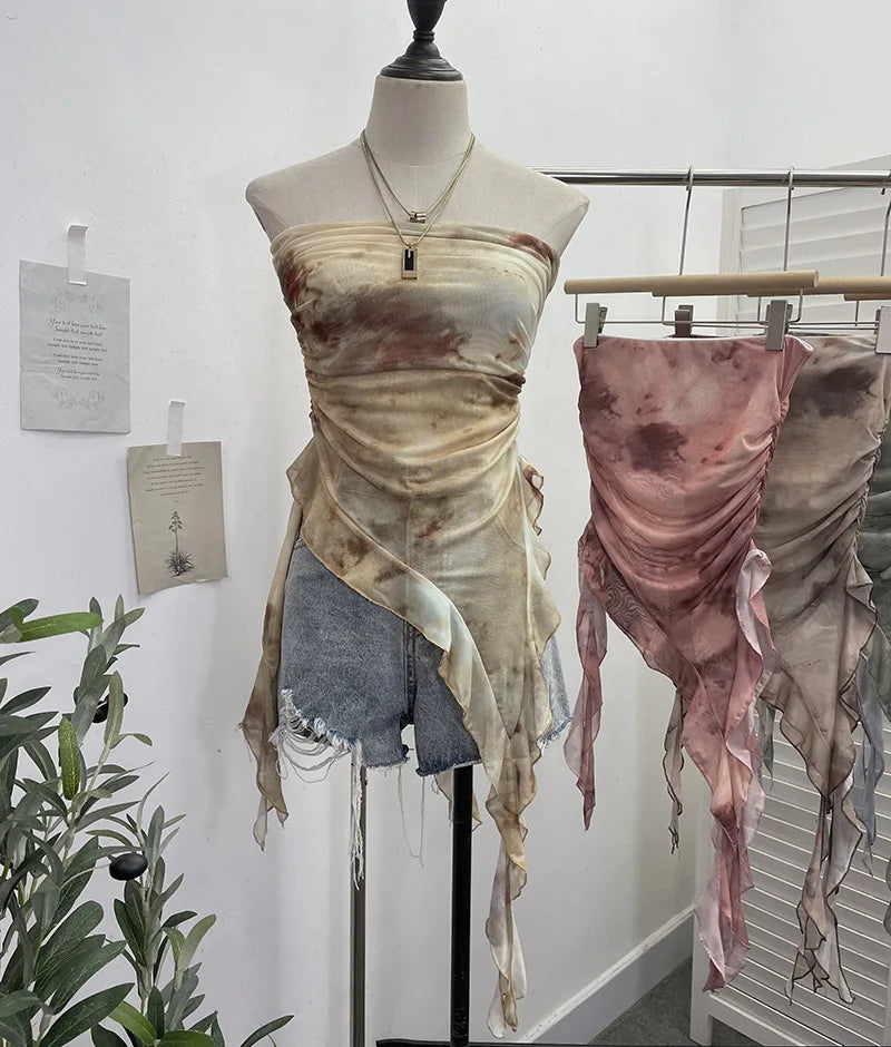 Women's Tie Dye Ruffled Ribbon Mesh Tube Top Irregular Mesh Sleeveless Tube Top Sexy Backless Vest Party Leisure Essential 9956