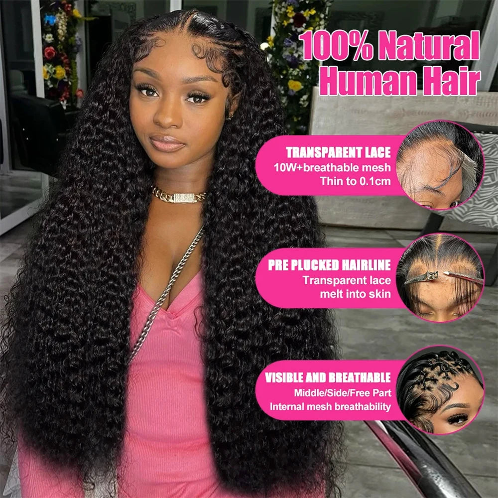 250 Density Curly 13x6 HD Lace Frontal Wigs Human Hair 40 46Inch Brazilian Deep Wave Transparent Lace Front Wig 100% Human Hair