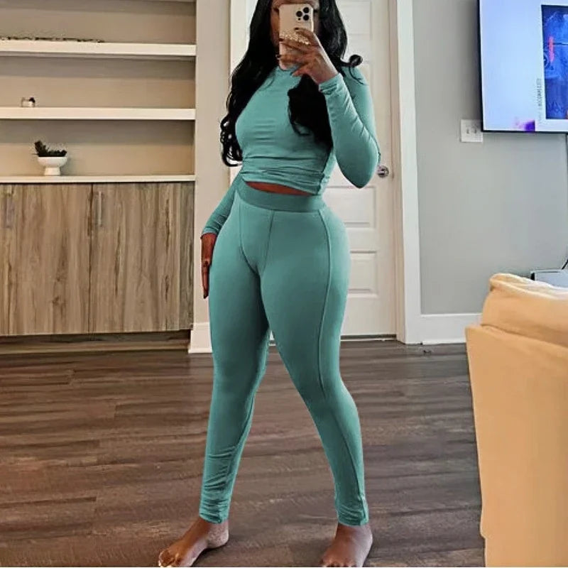 FAGADOER Autumn Winter New Ribbing 2 Piece Sets Women Outfit Solid Long Sleeve Crop Top + High Waist Leggings Suits Sportswear