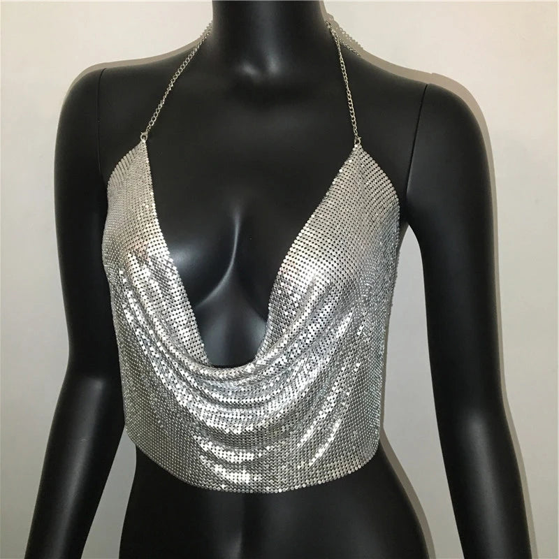 Women 2025 Sexy Metal Sequined Tank Camis Summer Gold Silver Backless Cropped Glitter Beach Club Show Wear Tank Tops