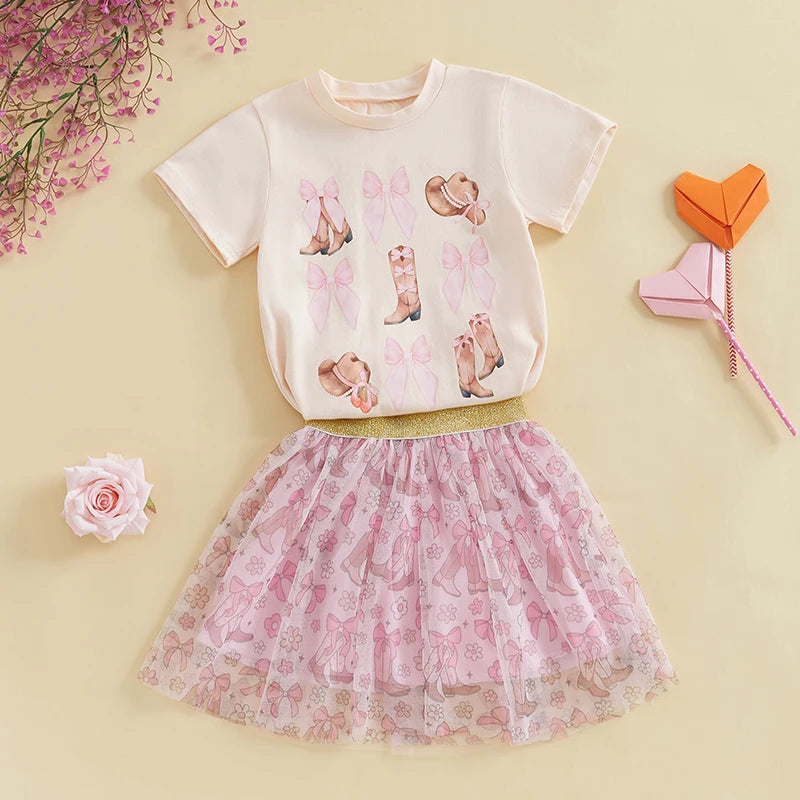 Infant Girls 2-Piece Summer Set with Short Sleeve Bow Boots Print Top and Tulle Skirt Cute Baby Western Outfit