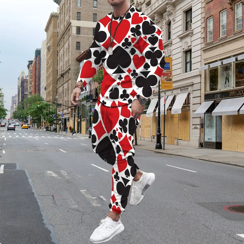 Fashion Poker 3D Print Men's Sportswear Set Casual Long-Sleeved T Shirt Pants 2-Piece Set Oversized Pullover Men Clothing