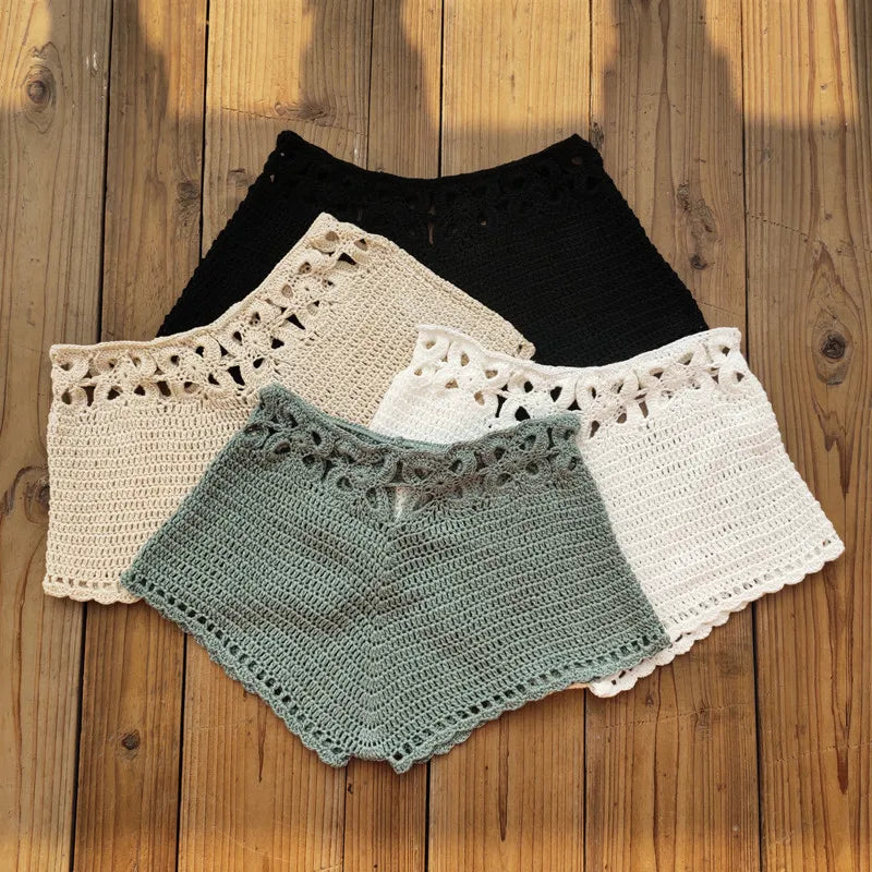 Puloru Women's Crochet Cutout Swim Shorts Summer Bathing Suit Bottoms Beach Style Drawstring Beach Board Shorts Swim Trunks