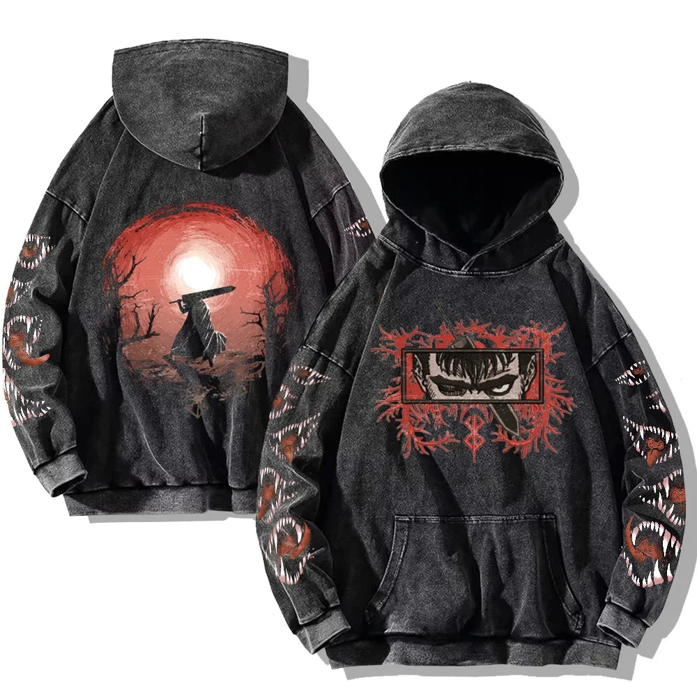 Autumn Men's Hoodies Gothic Print Vintage Washed Hoodie Hip Hop Streetwear Cotton Sweatshirts Harajuku Casual Pullover Y2K Tops