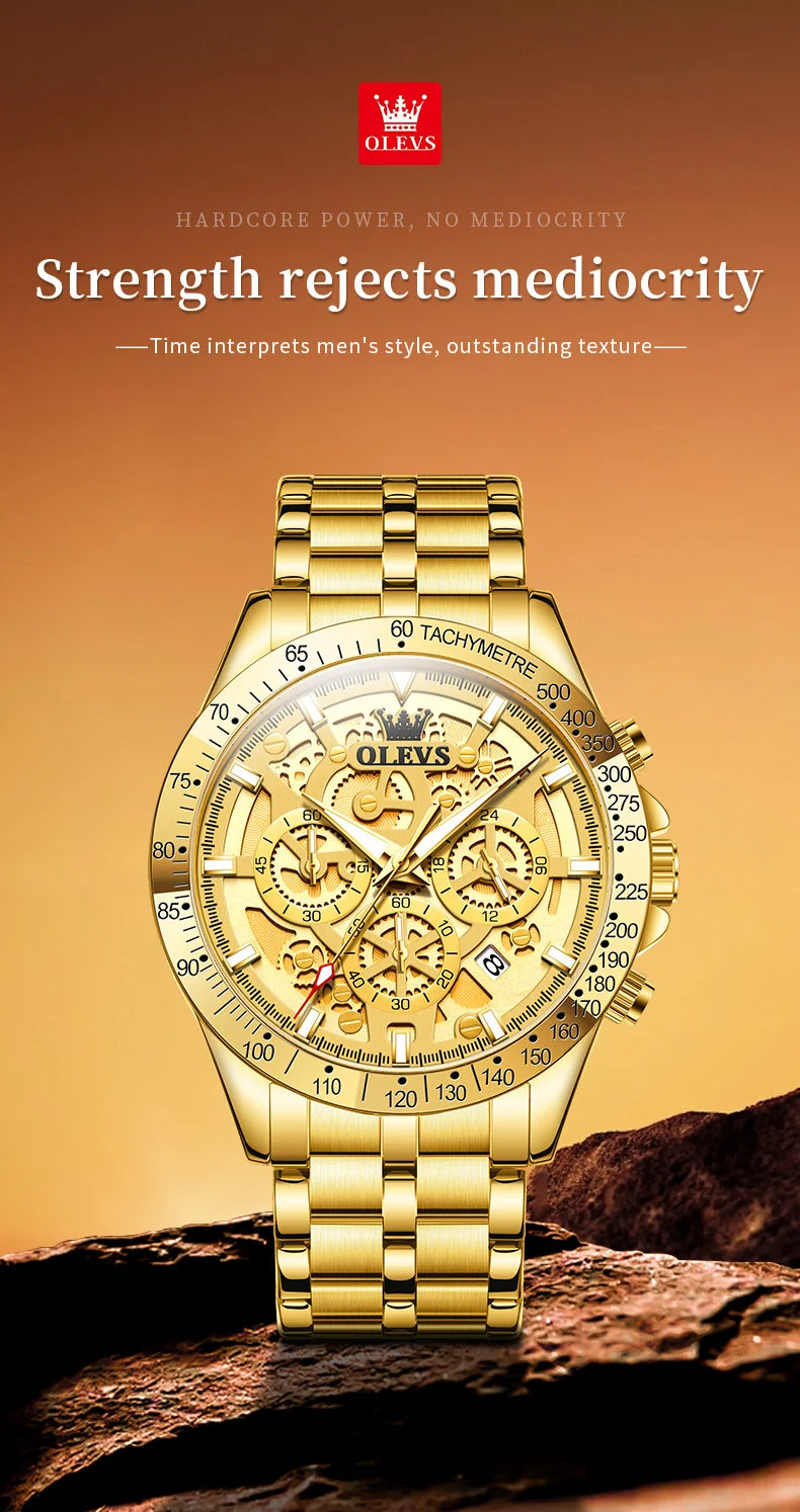 OLEVS Business Gold Men Watches Full Skeleton Stainless steel Chronograph Wristwatch Waterproof Luxury Luminous Quartz Watch Men