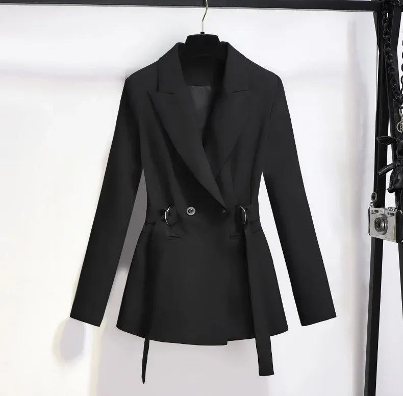 Women's Blazer 2024 Autumn New Korean Fashion Stylish Tie Waist Jacket Unique Luxurious Outerwear for Women Medium Length Jacket