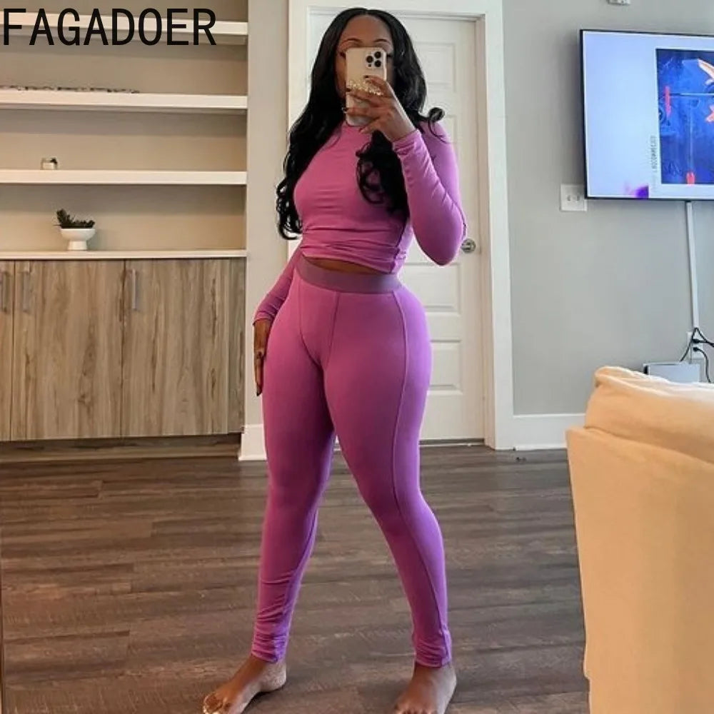 FAGADOER Autumn Winter New Ribbing 2 Piece Sets Women Outfit Solid Long Sleeve Crop Top + High Waist Leggings Suits Sportswear
