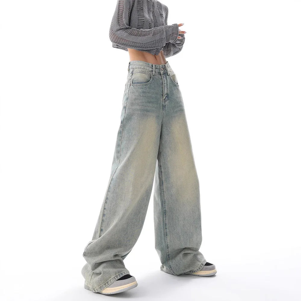 Personality Street Vintage Light Blue Wide-leg Jeans, Spring and Summer New Fashion Casual Loose Floor Length Jeans for Women