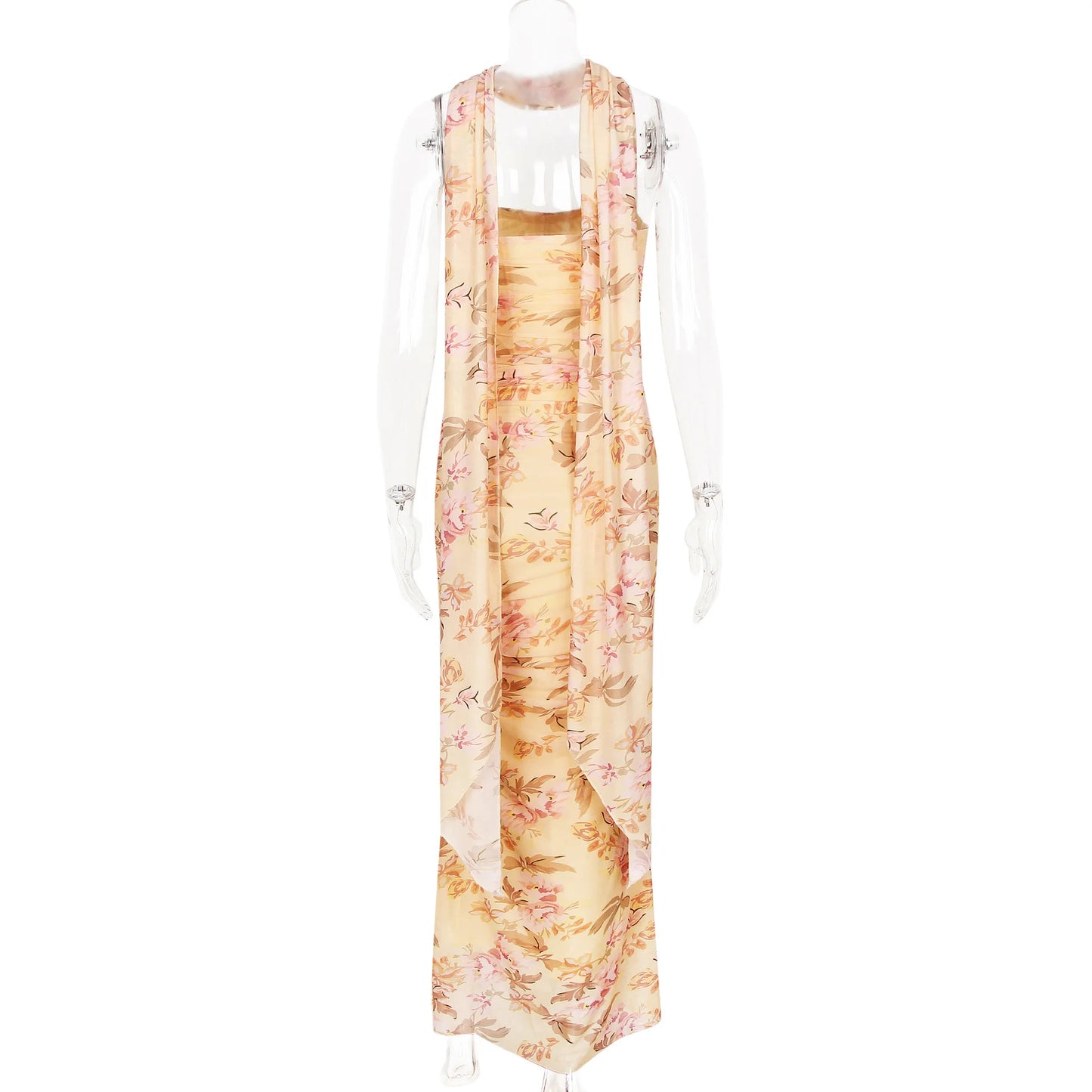 Suninheart Elegant 2 Pieces Dress Set with Scarf Women Fashion Matching Sets Sexy Cropped Top and Long Dress Set Casual Dress
